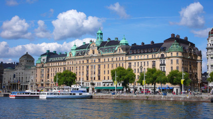Fototapeta na wymiar Waterfront Harbor Cityscape in Stockholm, Sweden