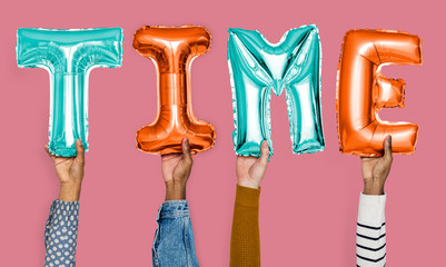 Hands showing time balloons word