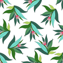 Seamless pattern with tropical leaves on white background