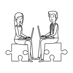 business couple sitting in puzzle piece with laptop