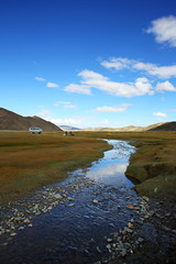 Veiw of Amazing summer landscape with Altai Mountains and winding river in Autumn of Western Mongolia