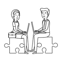 business couple sitting in puzzle piece with laptop