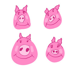 Pig Family in Doodle Style. Hand Drawn Pink Piglet, Piggy Face Characters Set, Rough Doodles Style. Funny Isolated Illustration for 2019 New Year Greeting Cards and Prints