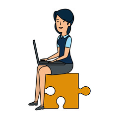 businesswoman sitting in puzzle piece with laptop