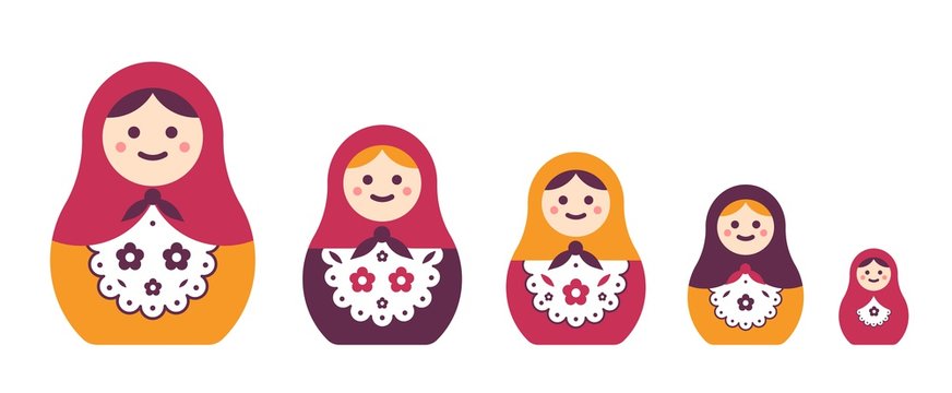 Collection of traditional Russian folk handcrafted nesting dolls isolated  on white background. Bundle of matryoshkas of different size. Popular  touristic souvenir. Flat cartoon vector illustration. Stock Vector | Adobe  Stock