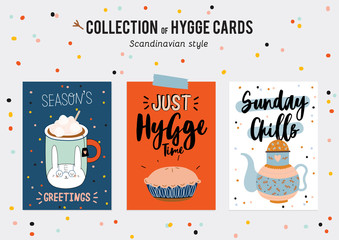 Super cute vector set of hygge cards and posters. Cute illustration autumn and winter hygge elements. Isolated. Motivational typography of hygge quotes. Scandinavian style