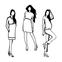 Vector beautiful fashion girls. Cute pregnant girlfriends set. Mannequin. Young women. Stylish sketch illustration. Cartoon teenagers. Hand-drawn girls in an interesting position.