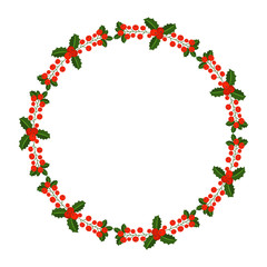 Round frame with Holly berry branch. Decoration border for traditional wreath on door to Christmas, New year. For greeting card, vignette, banner, email for holiday.