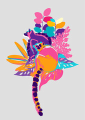 Abstract vector design with two lemurs sitting among the exotic plants