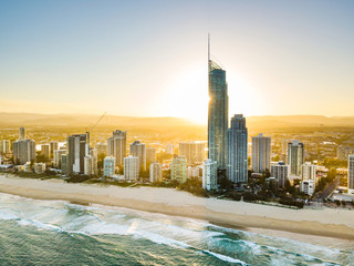 Surfers Paradise skyline aerial view at sunset on the Gold Coast in Queensland, Australia