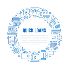 Finance, money loan circle template flat line icons. Quick credit approval, currency transaction, no commission, cash deposit atm vector brochure illustration. Thin blue signs for banking poster.