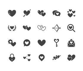Heart flat glyph icons set. Love, dating site vector illustrations - two hearts shape, romantic date, private message, match. Signs for like, charity, wedding. Solid silhouette pixel perfect 64x64. - obrazy, fototapety, plakaty