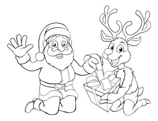 Santa and his reindeer opening Christmas gift coloring scene