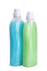 two conditioners for linen, close-up, on a white background