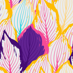 Abstract vector seamless pattern of exotic leaves in vivid colors.
