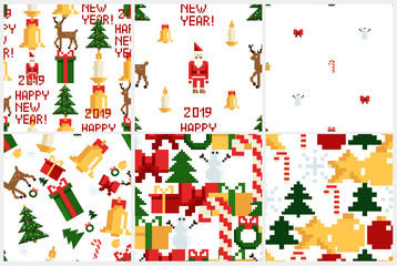Colorful Pixel Pattern set with Christmas Elements. Atcade games style