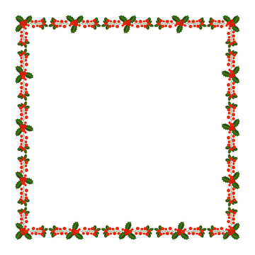 Square frame with Holly berry branch. Border for traditional ornamental wreath from plants for greeting cards for Merry Christmas and Happy New Year.
