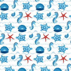 seamless pattern in children's style with sea creatures. In blue colors.
