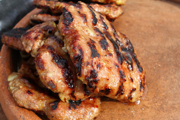 Meatball roasted on a barbeque. BBQ. Grilled burgers with copy space. fast food background. Menu wallpaper. 
