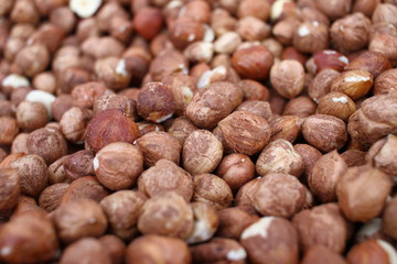 Peeled Hazelnuts pattern. Filbert macro. With clipping path. Organic hazelnuts full frame background texture. Nuts wallpaper. 