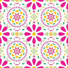Mexican floral vector seamless pattern, traditional folk art colorful fiesta design on white background 