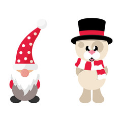 cartoon christmas dwarf and winter dog with scarf in hat