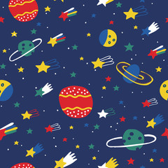 Childish seamless pattern with stars and planets. Hand drawn overlapping background for your design. Vector childish background for fabric, textile, nursery wallpaper.
