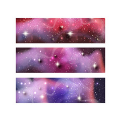 Banners of Colorful galaxy space backgrounds with shining stars, stardust and nebula. Vector illustrations for artwork, flyers, posters, brochures