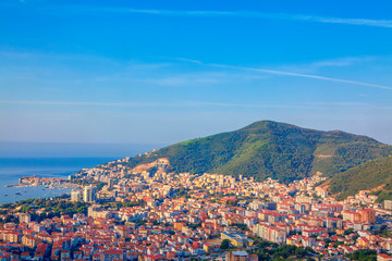 aerial panorama of Budva town and Adriatic Sea in Montenegro