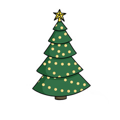 Stylish christmas tree with gold star and lights, isolated on white. Hand drawn illustration of cartoon christmas tree with yellow baubles. Merry Christmas and Happy new year concept