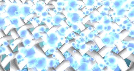 Clean white fabrics threads interweaving in macro zoom and shining gradient blue water drops and bubbles. 3D illustration for advertising for washing powder,  stain remover or liquid laundry detergent
