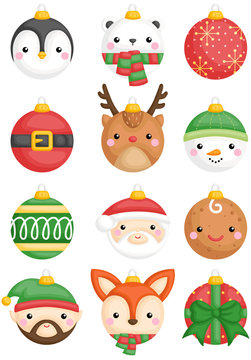a vector set of cute christmas animals and characters bals decoration