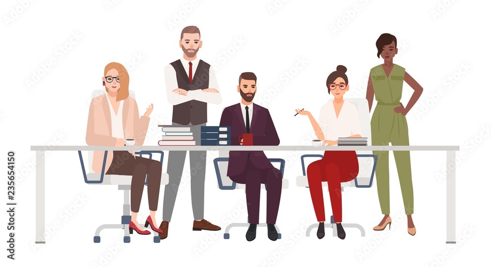 Aufkleber team of smiling office workers sitting at desk and discuss work issues. male and female managers at 