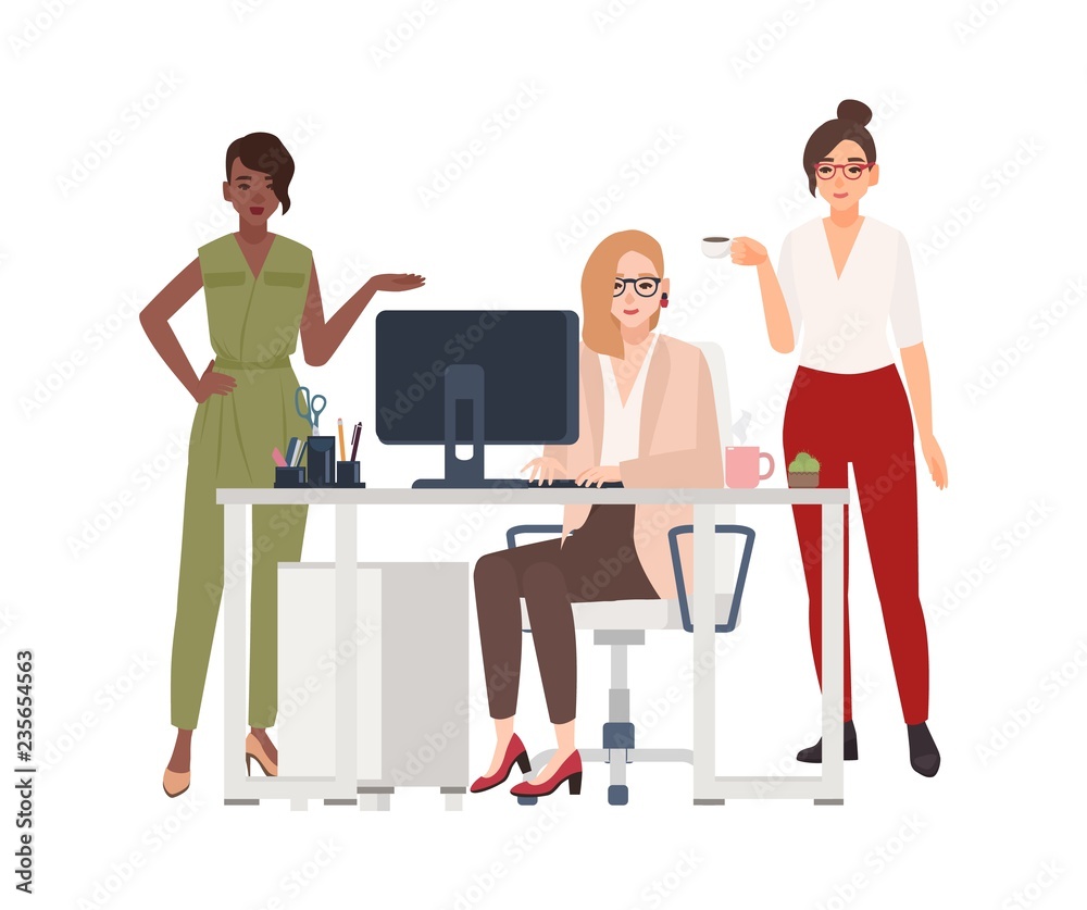 Poster group of female employees or managers at office - working on computer, drinking coffee, discussing w