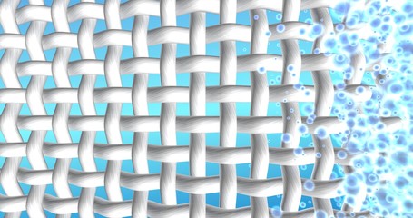 Fototapeta premium White fiber fabrics and shining gradient blue bubbles. 3d illustration of cloth washing process. Action of bleach, washing powder, stain remover or liquid laundry detergent.