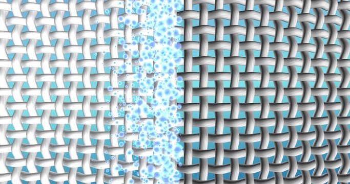 Clothes whitening. Bleach, washing powder or liquid laundry detergent cleaning action. 3d illustration of white fabrics fibers and floating wave of water drops and active components bubbles.