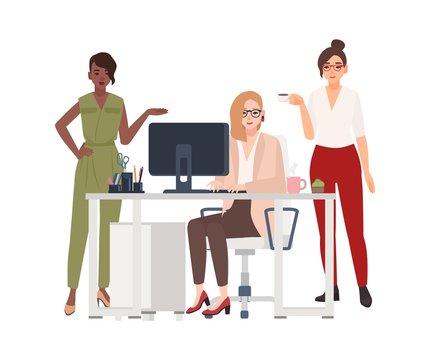 Group of female employees or managers at office - working on computer, drinking coffee, discussing work issues. Cartoon characters isolated on white background. Vector illustration in flat style.