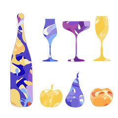 Vector set of champagne bottles, wine glasses and fruits