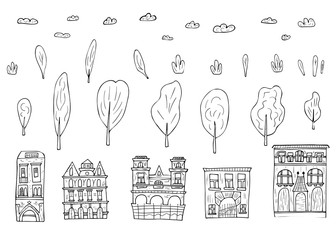 Set of vector houses, trees and clouds.