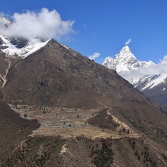 Sherpa village Phortse and peak of Mount Ama Dablam, Nepal..