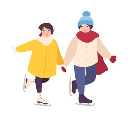 Obraz premium Pair of cute girls holding hands and ice skating together