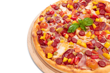 Italian fast food. Delicious hot pizza sliced and served on wooden platter isolated on white background