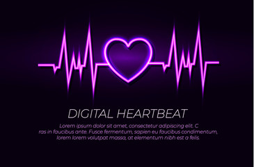 Vector Neon Heart Beat Line, Glowing Illustration, Shining Lights, Ultraviolet Color.