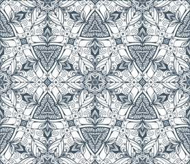 Abstract vector geometric background from flowers. Floral seamless geometric pattern. White backdrop with grey ornament. Decorative design element. White and gray hand drawn texture.