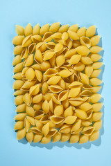 Conceptual look at conchiglie packaging. Vermicelli on a blue background. Copy space for text logo or brand. Trending colors. Nature agriculture conchiglie. Concept of pasta packaging
