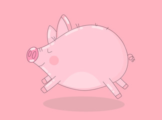 Vector image of a cute running pig on a pink background. Illustration for New Year, Christmas, prints, invitations, flyers, cards, children, clothes, decor, interior