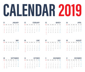 Calendar 2019 minimal for your graphics design. Vector illustration