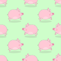 Seamless pattern of hand-drawn running pigs on an isolated green background. Vector illustration of piglets for New Year, prints, wrapping paper, cards, children, clothes, decor, farm, food.