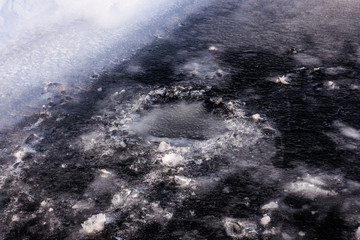 Winter fishing hole, frozen lake with snow and ice