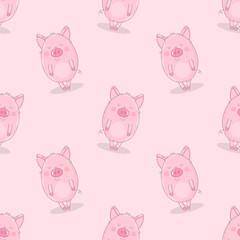 Obraz premium Seamless pattern of hand-drawn cute pigs on an isolated pink background. Vector illustration of piglets for New Year, prints, wrapping paper, cards, children, clothes, decor, farm, food.